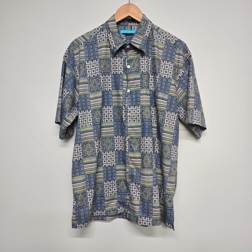 Tori Richard Button Up Shirt Mens M Blue Geometric Cotton Lawn Hawaii Aloha